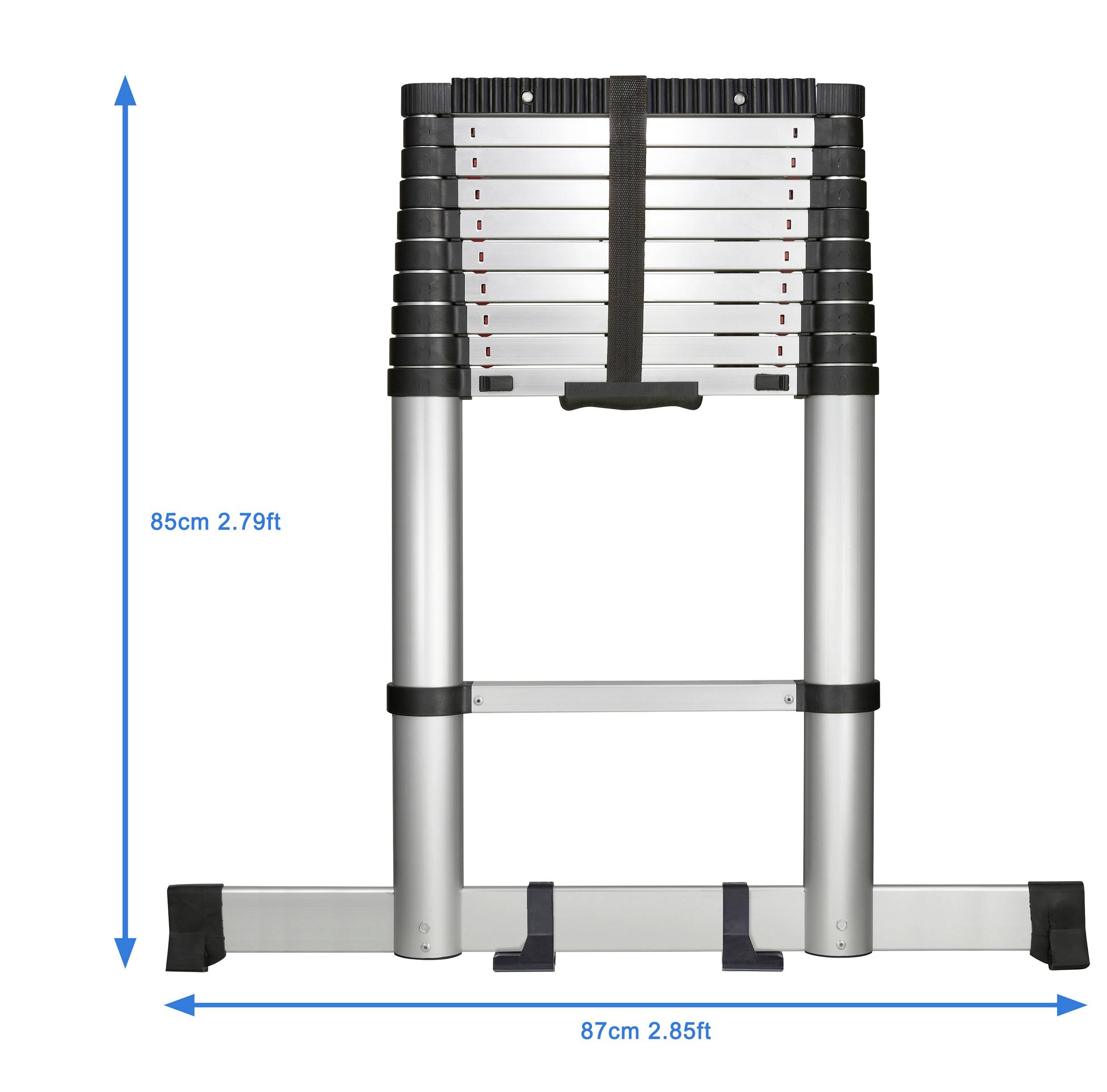 Teleskopleiter aus Aluminium mit rutschfesten Endkappen. Höhe: 85 cm, Breite: 87 cm. Geeignet für vielseitigen Einsatz.