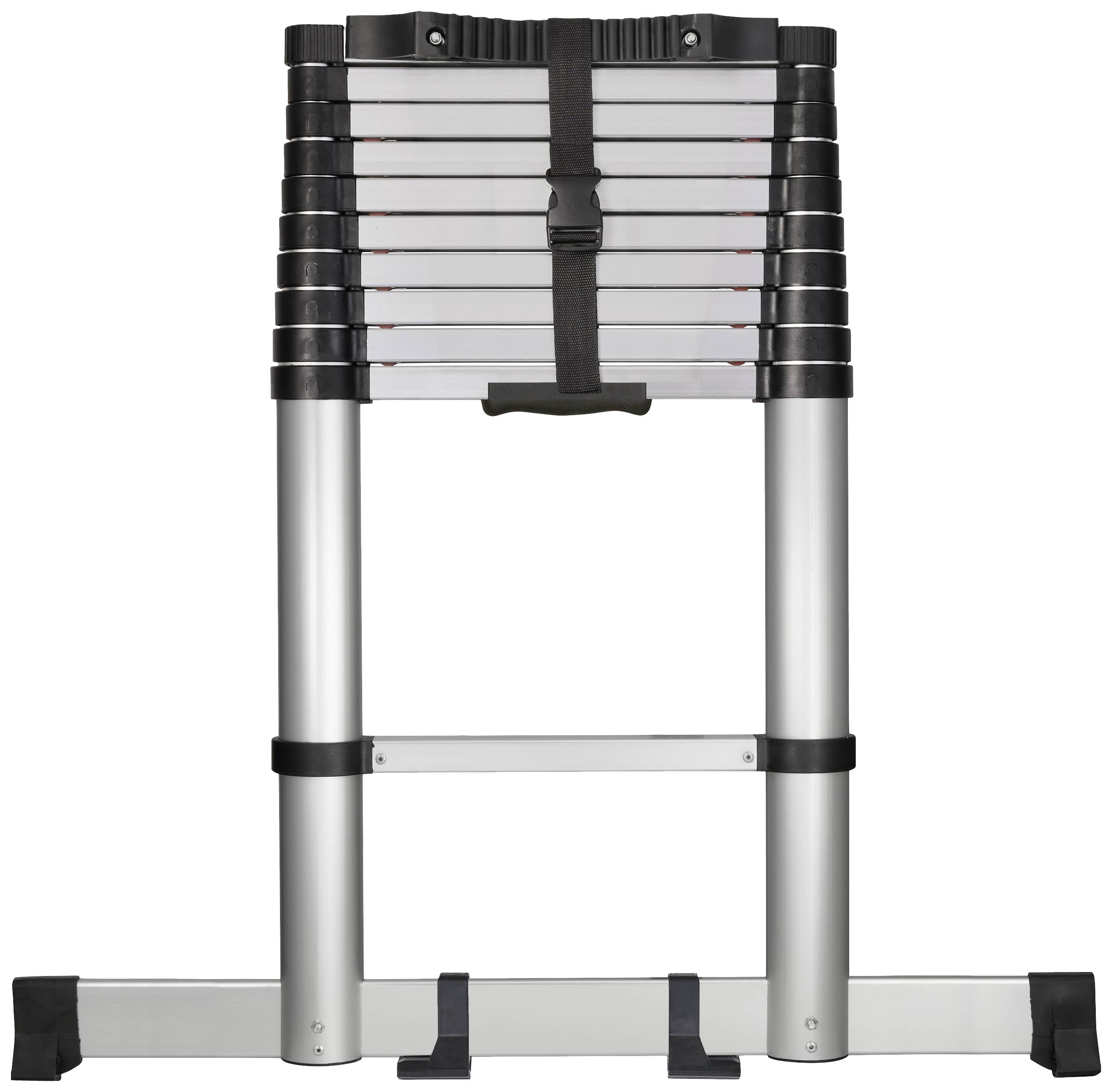 Teleskopleiter aus Aluminium mit schwarzem Riemen und rutschfesten Füßen, geeignet für Arbeiten in der Höhe.