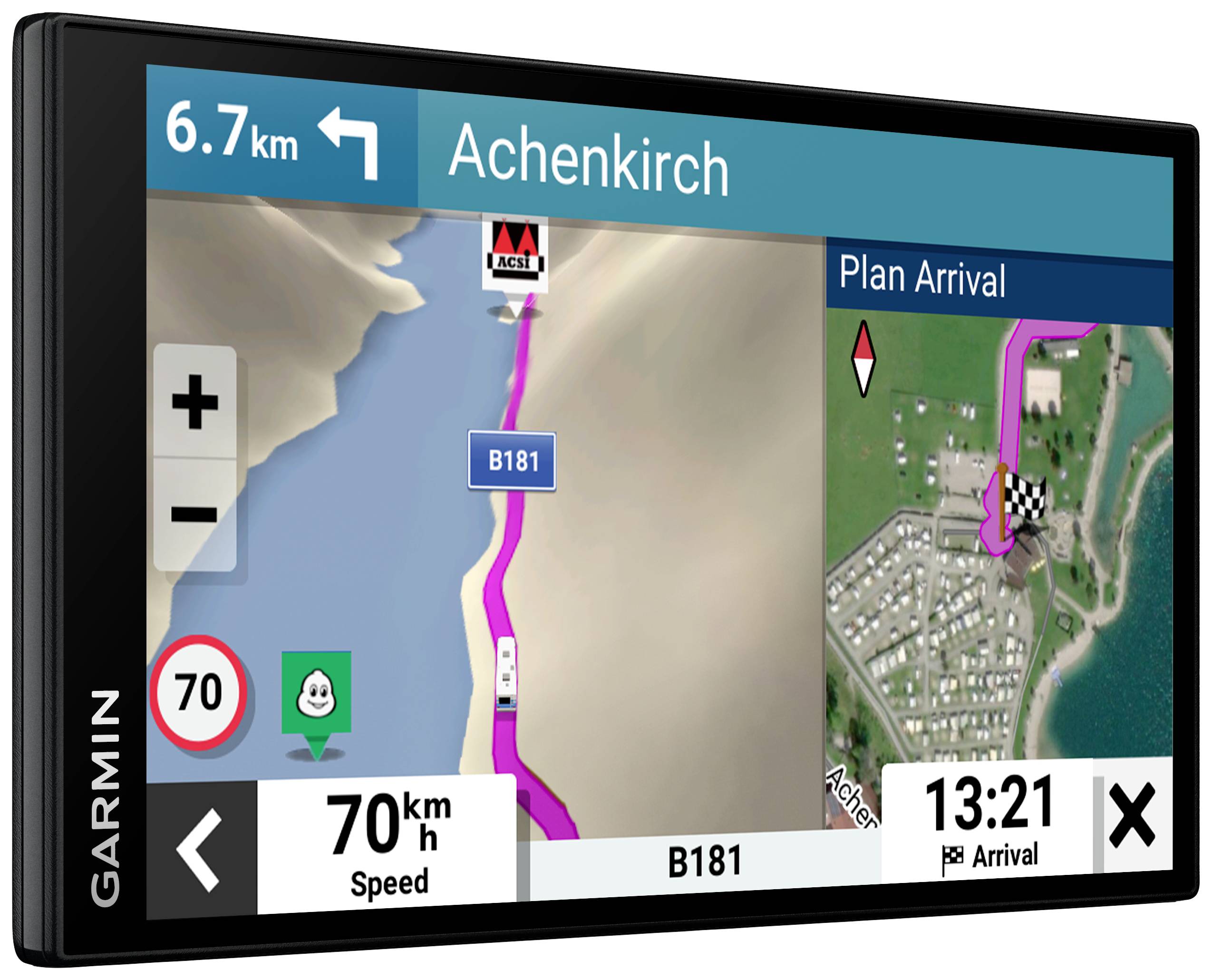 Navigationsgerät zeigt Route nach Achenkirch, Entfernung 6,7 km. Aktuelle Geschwindigkeit 70 km/h, Ankunftszeit 13:21 Uhr.
