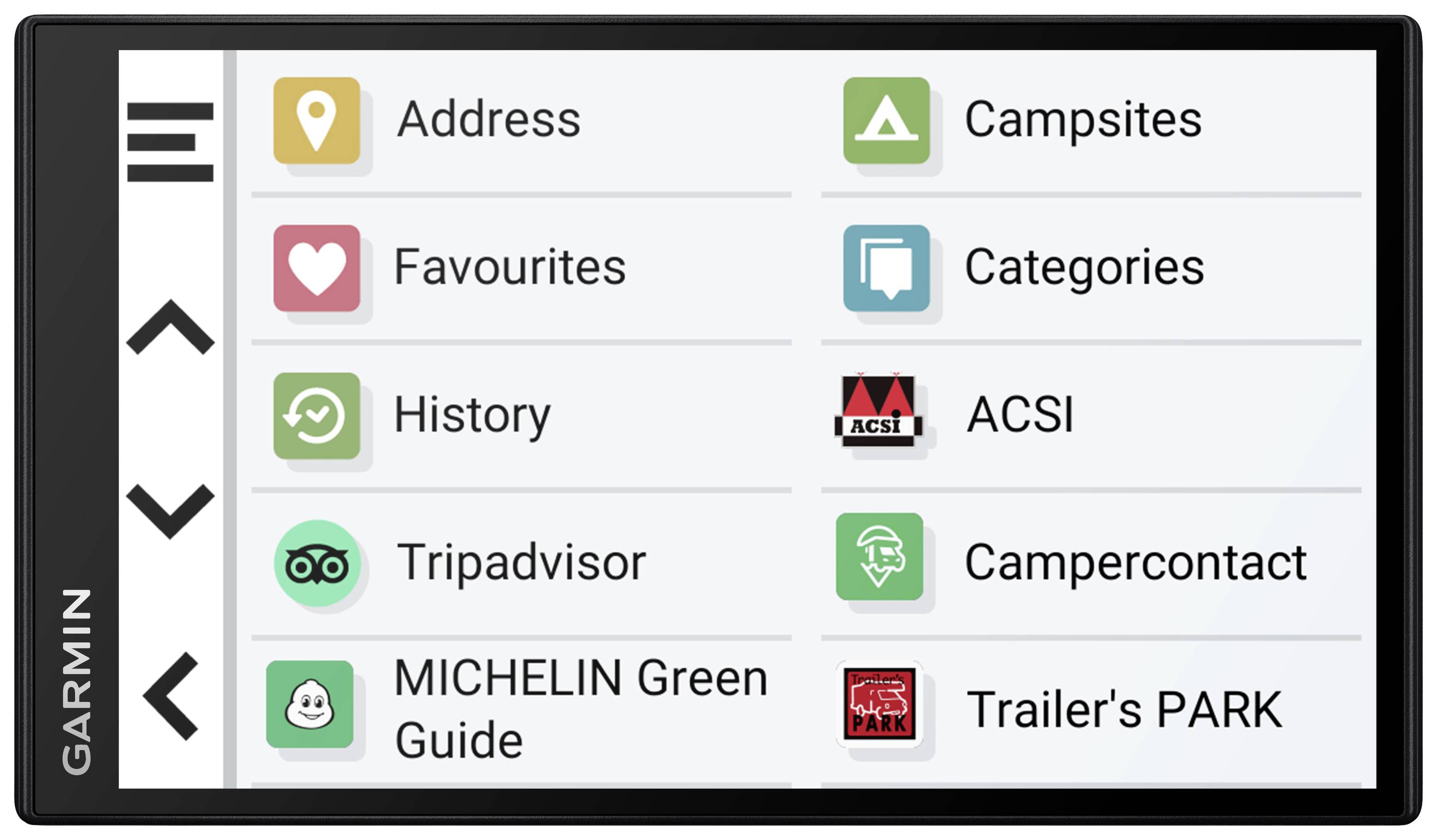 Garmin-Navigationsgerät-Bildschirm mit Symbolen für Adresse, Favoriten, Geschichte, Tripadvisor, Michelin Green Guide und mehr.
