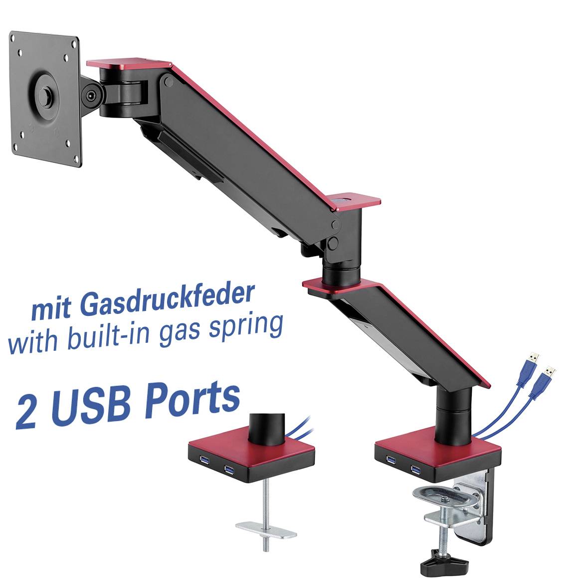 Monitorhalterung mit integrierter Gasdruckfeder, zwei USB-Anschlüsse an der Basis. Schwarz-rot gestaltet, Tischklemme inklusive.