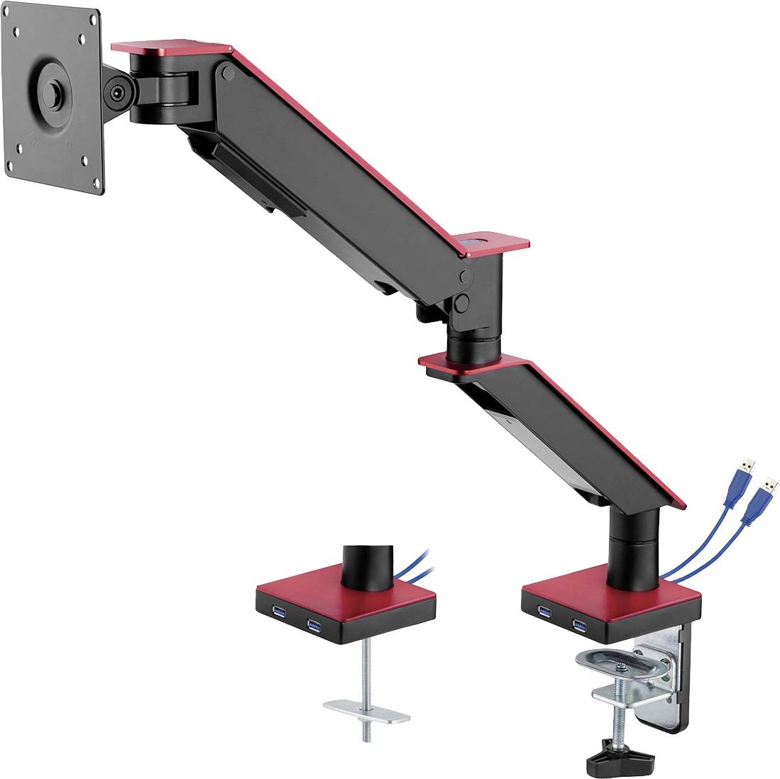 Flexibler LED-Monitorarm in Schwarz und Rot mit Klemmfuß. Enthält integrierte USB-Ports und ermöglicht ergonomische Höhenverstellung.