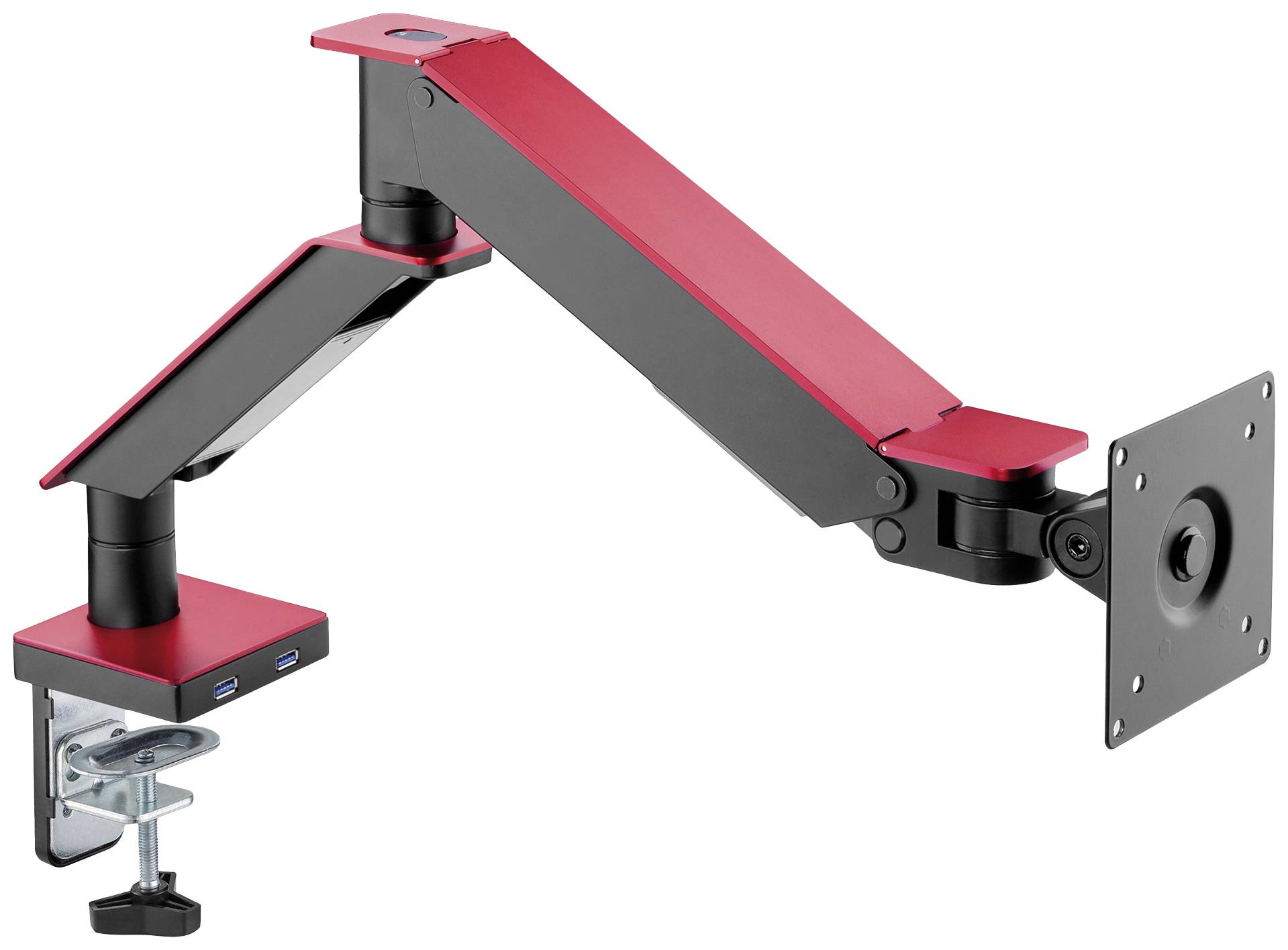 Roter und schwarzer verstellbarer Monitorarm mit Tischklemme und USB-Anschlüssen, geeignet für ergonomische Arbeitsplatzeinstellungen.