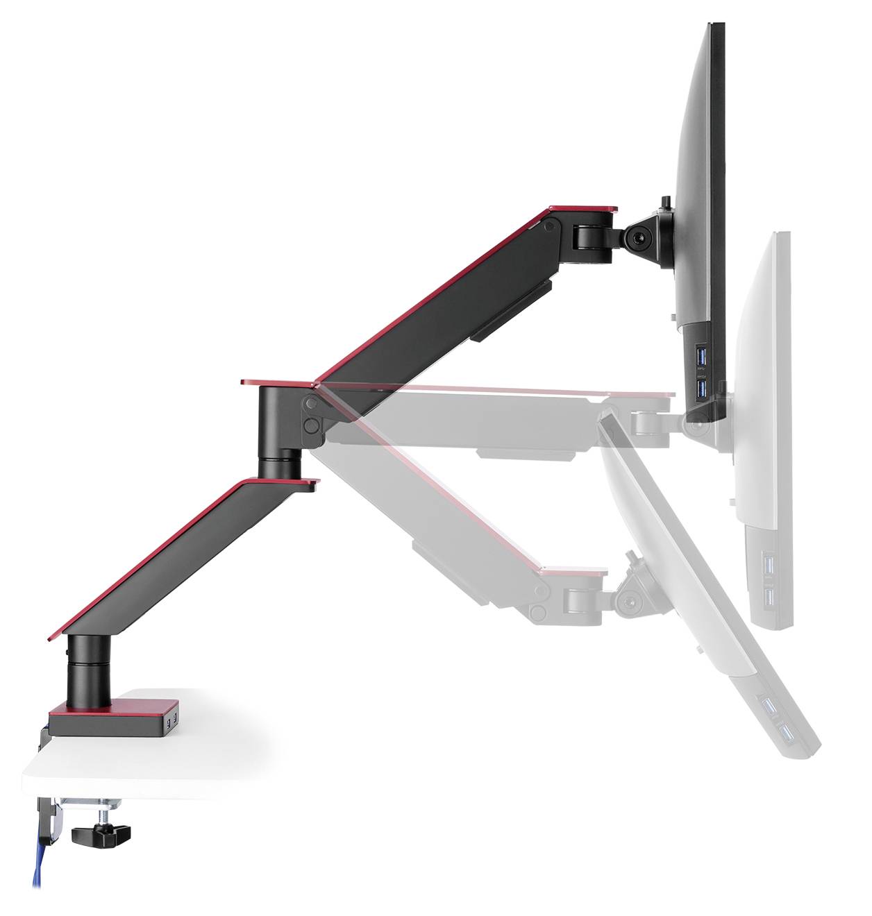 Computer-Monitorhalterung mit verstellbaren Armen zeigt verschiedene Neigungen und Höhenpositionen.