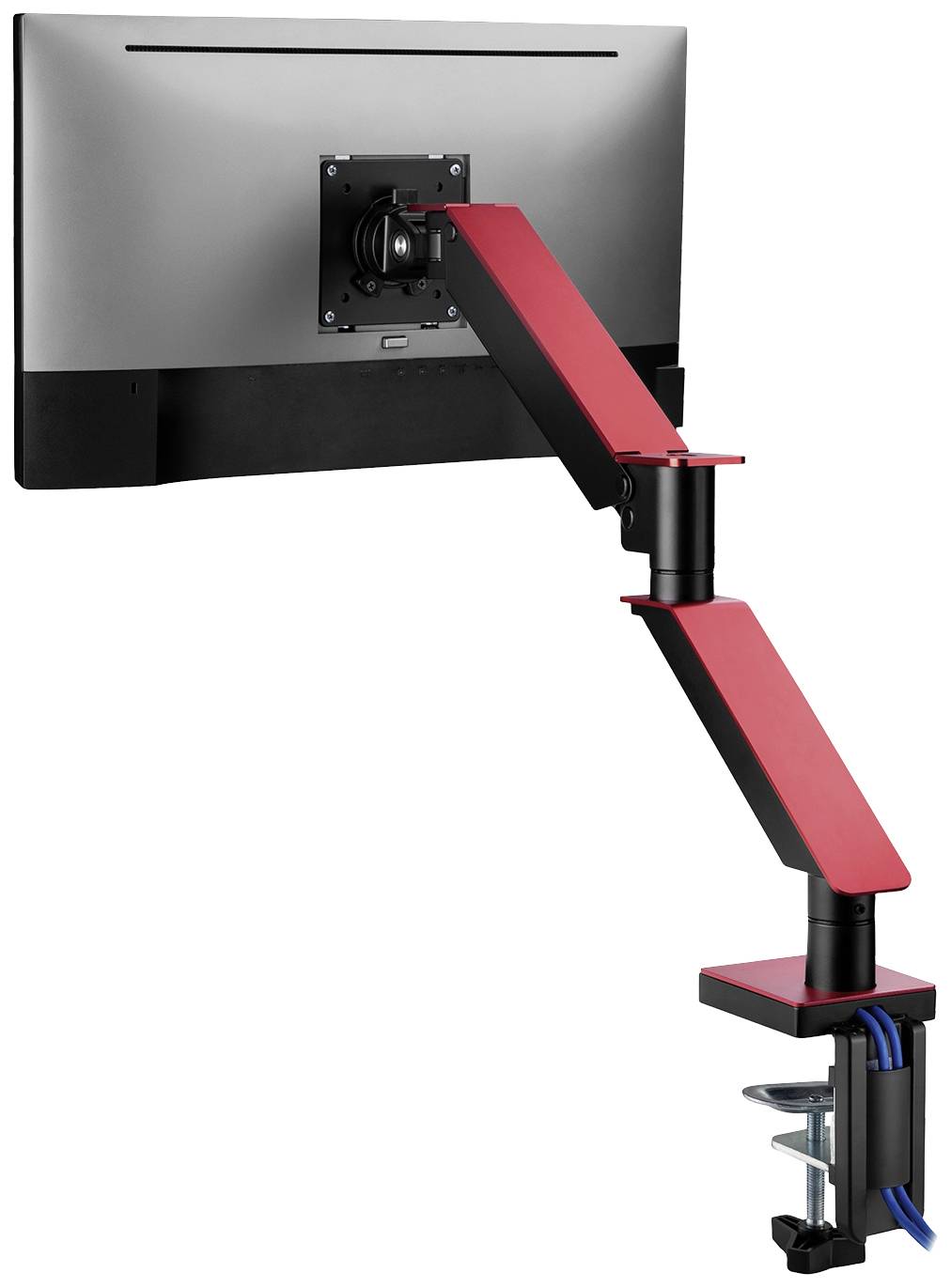 Ein Computer-Monitor ist mit einem verstellbaren, rot-schwarzen Schwenkarm an einem Tisch befestigt. Kabel sind ordentlich verlegt.