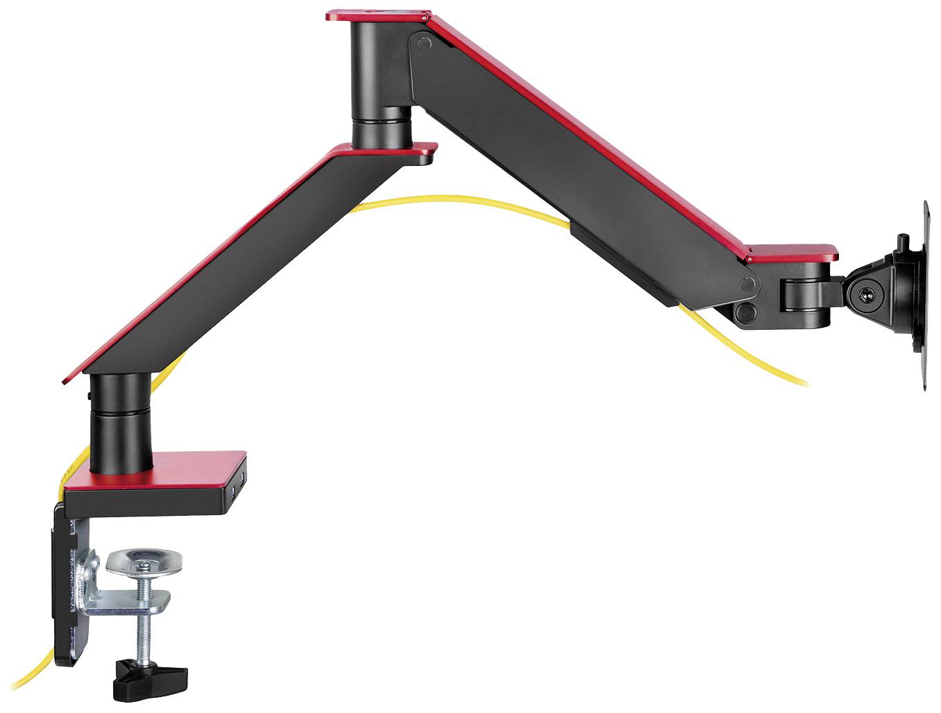 Ein verstellbarer, rot-schwarzer Monitorarm mit Tischklemme. Ein gelbes Kabel verläuft durch das Innere des Arms.
