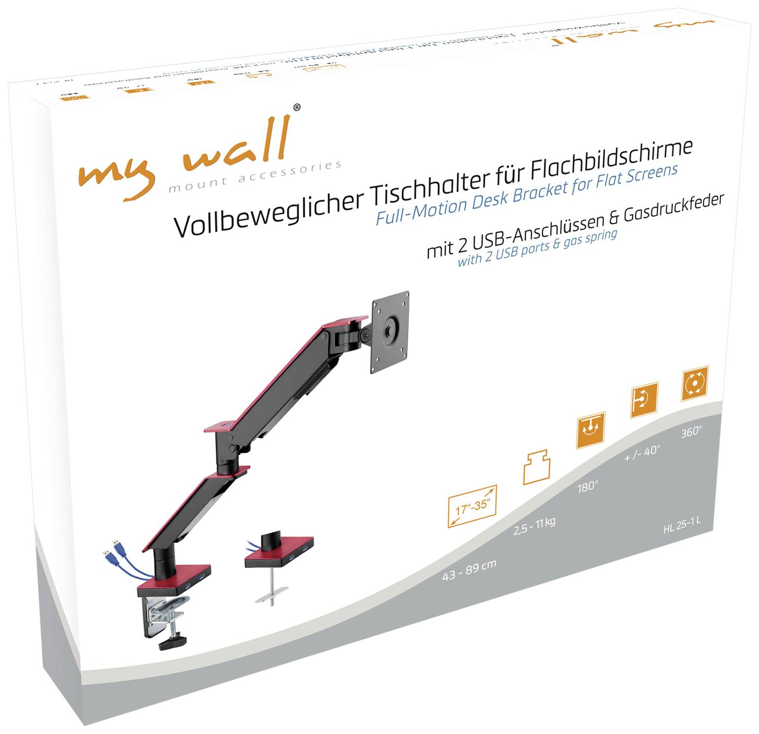 Vollbeweglicher Tischhalter für Flachbildschirme mit 2 USB-Anschlüssen, Gasdruckfeder, passend für 17-35 Zoll Bildschirme.