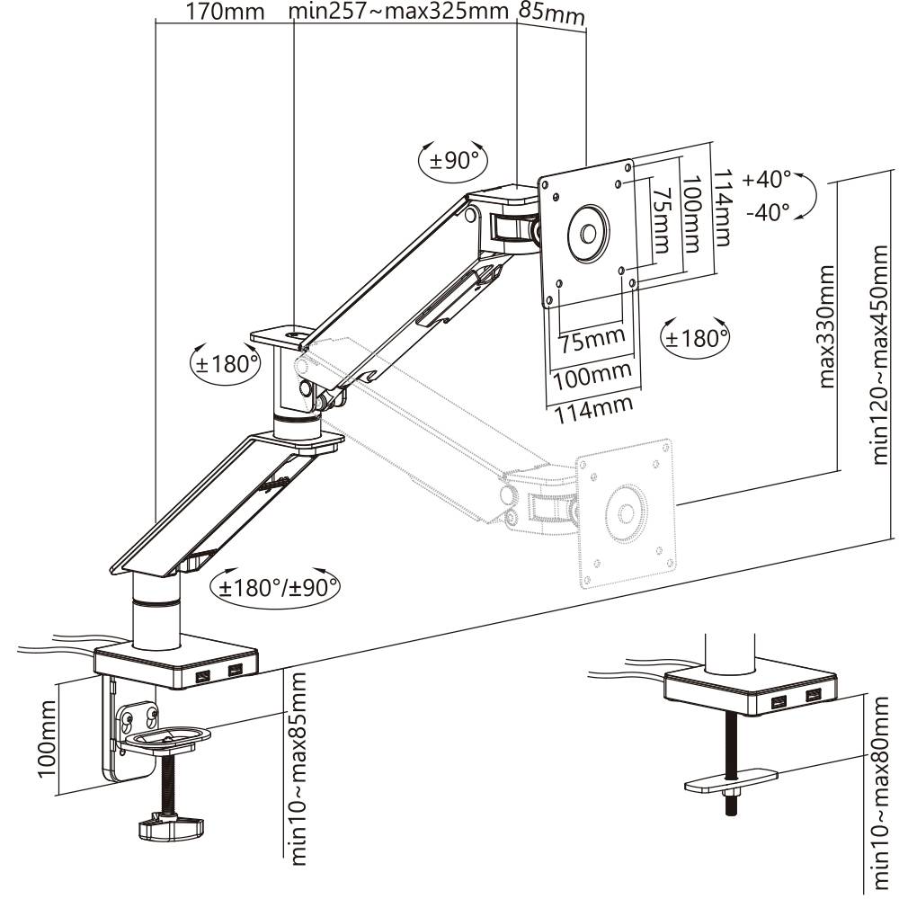 Technische Zeichnung eines Monitorarms. Zeigt verstellbare Arme mit Massen: 170mm Tiefe, Höhe 120-450mm. Winkel- und Rotationsbereiche angegeben.