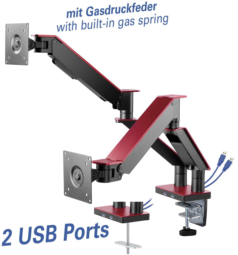 Monitorhalterung mit eingebauter Gasfeder, zwei verstellbare Arme, zwei USB-Anschlüsse unten, in Schwarz und Rot.