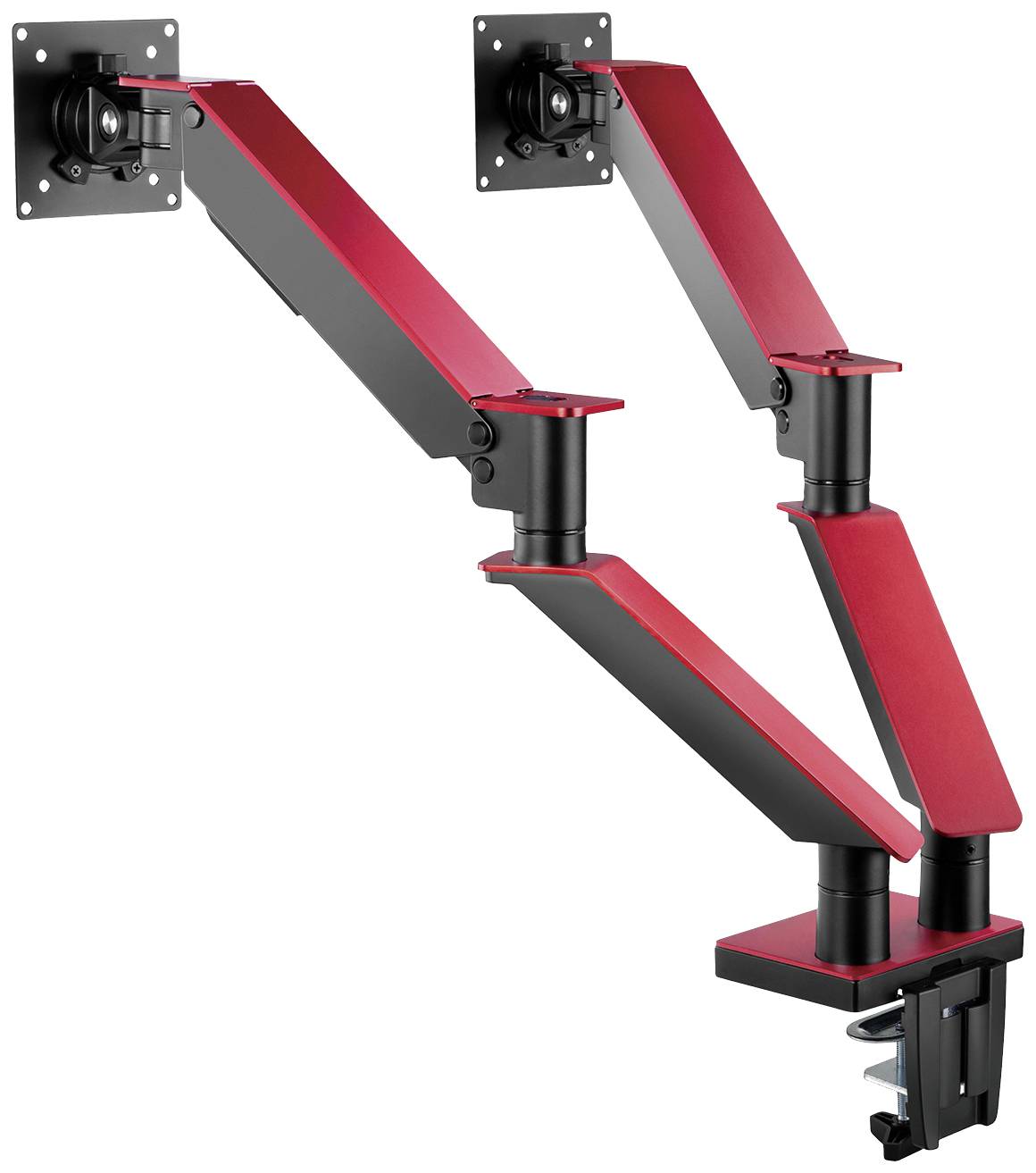 Roter und schwarzer doppelter Monitorarm, montierbar an Tischkanten, mit verstellbaren Gelenken zur flexiblen Bildschirmpositionierung.