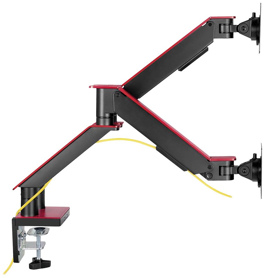 Ein verstellbarer, schwarzer und roter Monitorarm mit zwei Gelenken, der an einem Tisch befestigt ist. Geeignet zur Befestigung von Bildschirmen.
