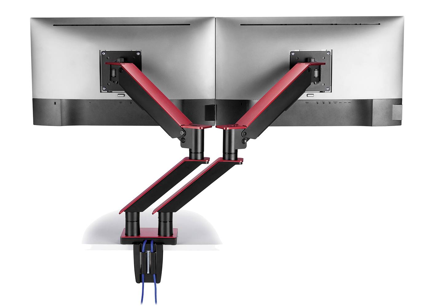 Zwei Monitore nebeneinander, montiert an einem verstellbaren Doppelschwenkarm, der mit einem Schreibtisch verbunden ist.