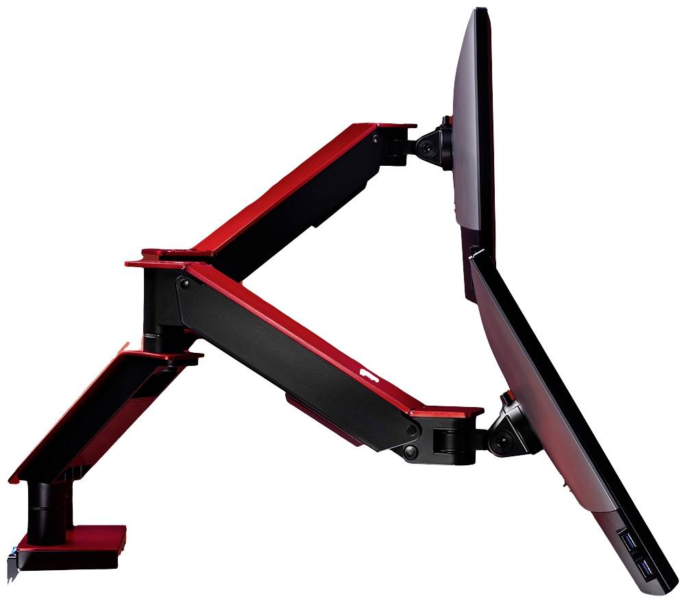 Roter, verstellbarer Monitorarm hält einen Bildschirm. Der Arm zeigt technische Flexibilität und ergonomisches Design.