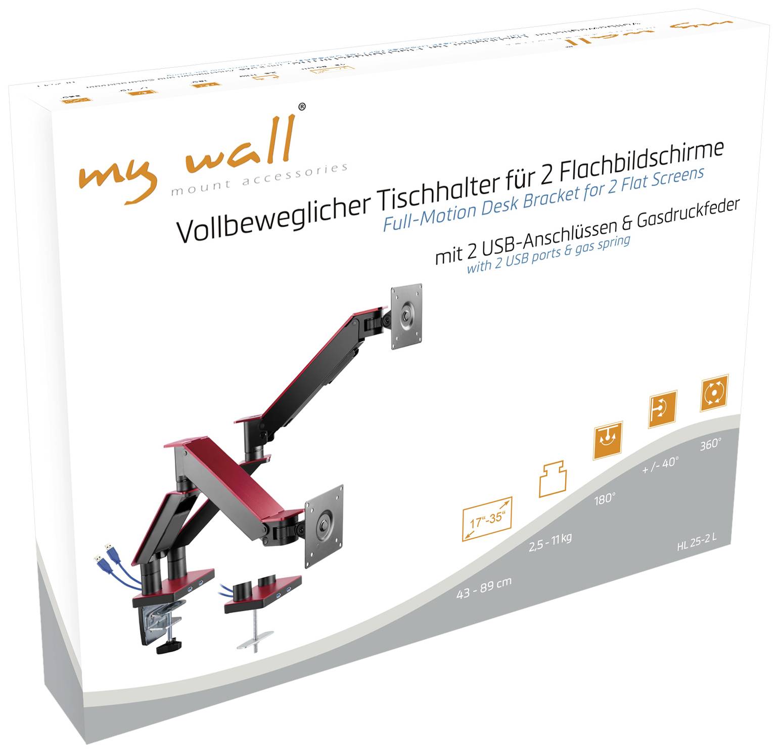 'Vollbeweglicher Tischhalter für zwei Flachbildschirme mit USB-Anschlüssen und Gasdruckfeder. Passend für Bildschirmgrößen 17
