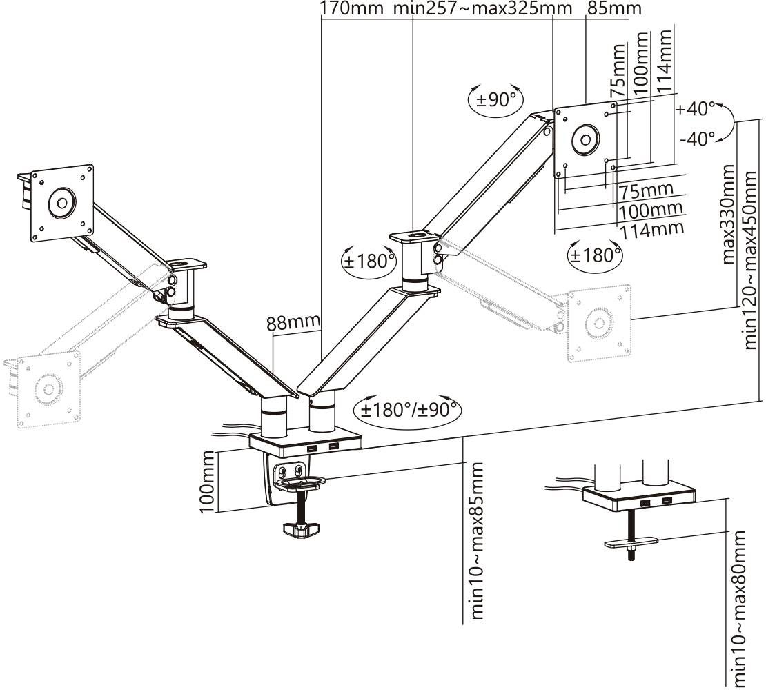 Technische Zeichnung eines verstellbaren Monitorarms mit Maßen, zeigt Dreh- und Neigungswinkel sowie Montageoptionen.