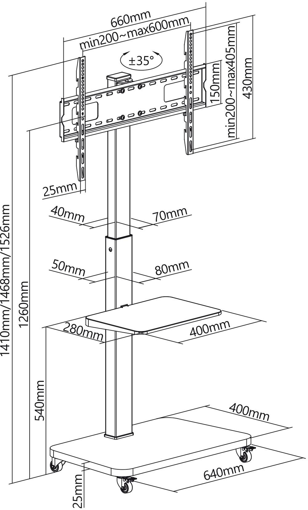 Diagramm eines mobilen TV-Ständers mit höhenverstellbarer Halterung, Ablagefläche und Rollen, zeigt spezifische Maße und Strukturen.