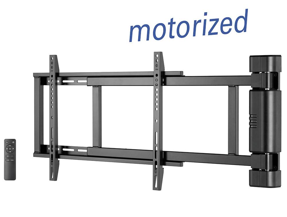 Motorisierte TV-Wandhalterung mit Fernbedienung zeigt erweiterte Arme zur flexiblen Positionierung für optimale Bildschirmansicht.