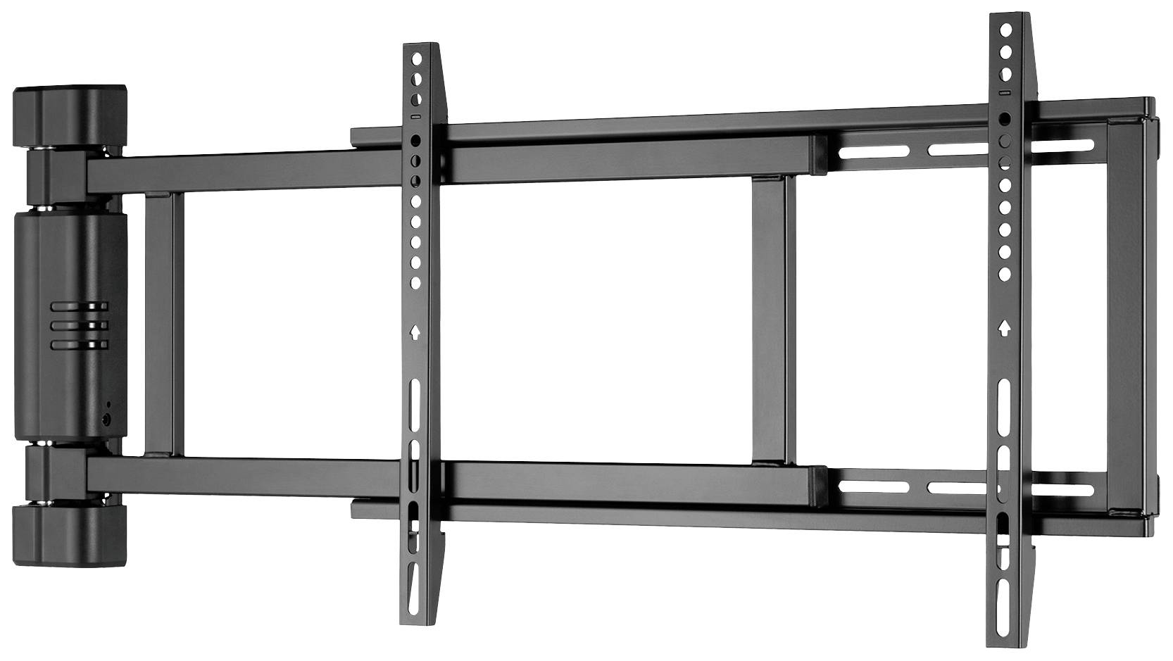Schwarze TV-Wandhalterung mit beweglichem Arm und mehreren Befestigungslöchern. Geeignet zur Anpassung an verschiedene Bildschirmgrößen.