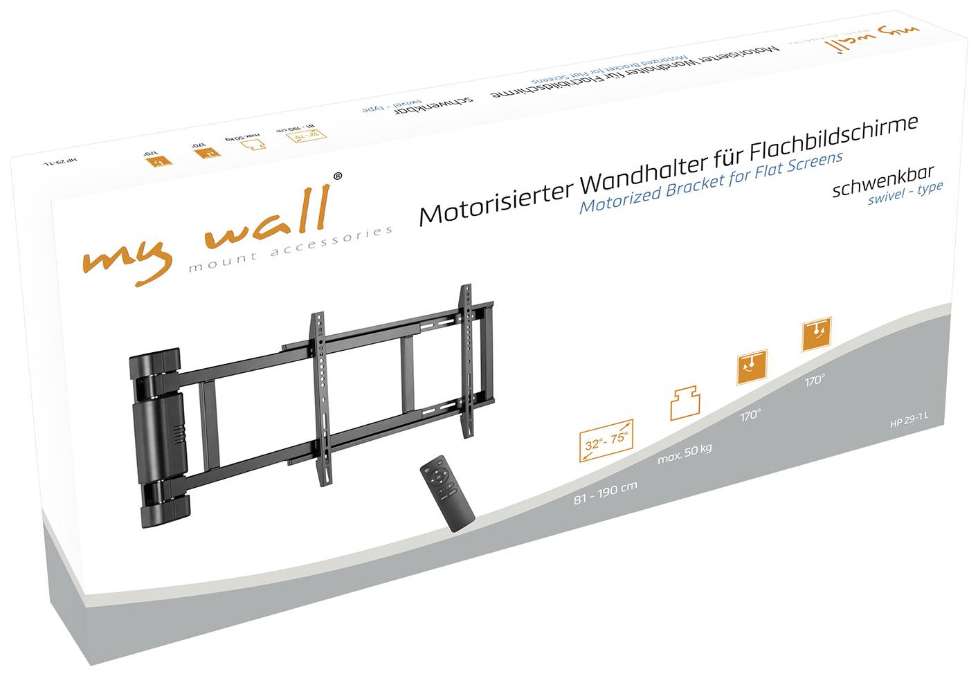 'Motorisierter Wandhalter für Flachbildschirme, schwenkbar'. Verpackung zeigt Bild des Halters mit Fernbedienung.