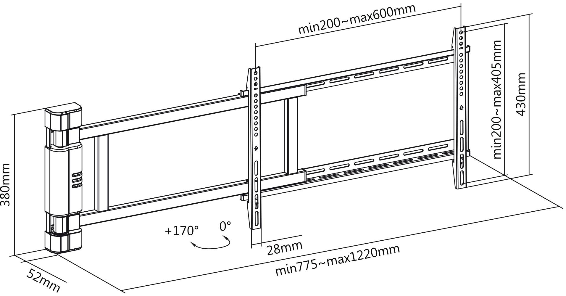 Eine technische Zeichnung einer verstellbaren TV-Wandhalterung. Maße: Breite von 775 bis 1220 mm, Höhe von 200 bis 405 mm, Tiefe von 52 bis 380 mm.