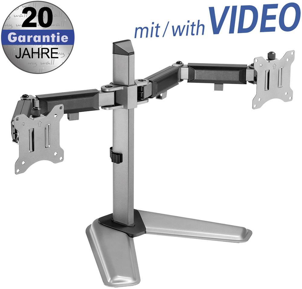 Doppel-Monitorständer aus Metall mit zwei schwenkbaren Armen für Monitore. Aufdruck: '20 Jahre Garantie mit Video'.
