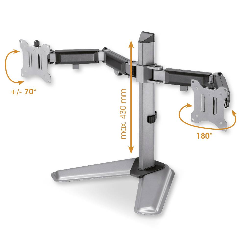 Monitorhalterung aus Metall mit zwei Armen, Höhenverstellbarkeit bis 430 mm, Rotationswinkel bis 180° und Neigungswinkel +/- 70°.