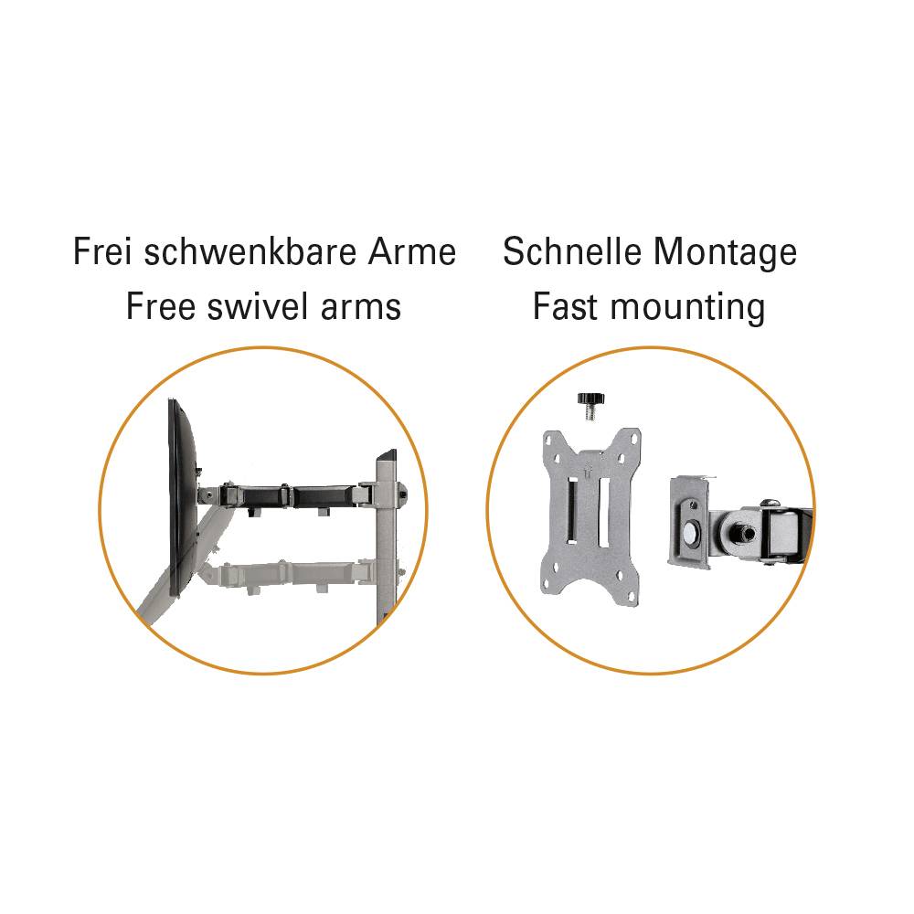 'Freischwenkbare Arme' zeigt einen beweglichen Bildschirmarm. 'Schnelle Montage' illustriert eine einfache Wandhalterungen-Anordnung.