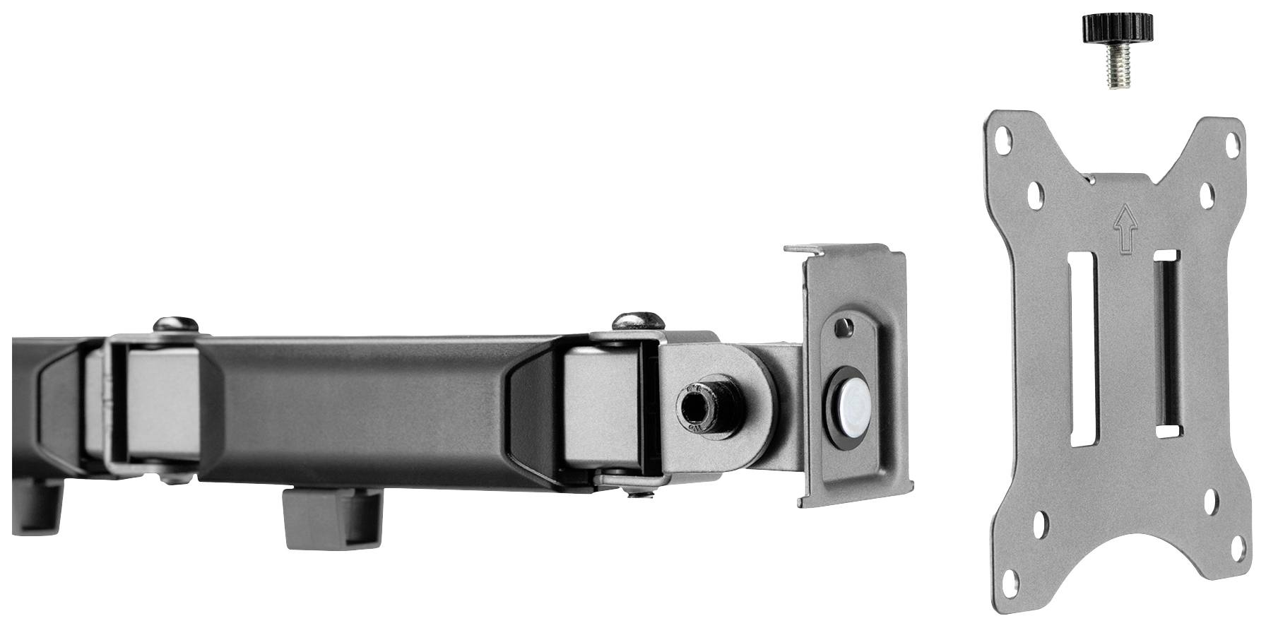 Ein Monitorhalterungssatz zeigt Teile zur Wandmontage eines Bildschirms, einschließlich Halterung, Schrauben und Verbindungsstück.