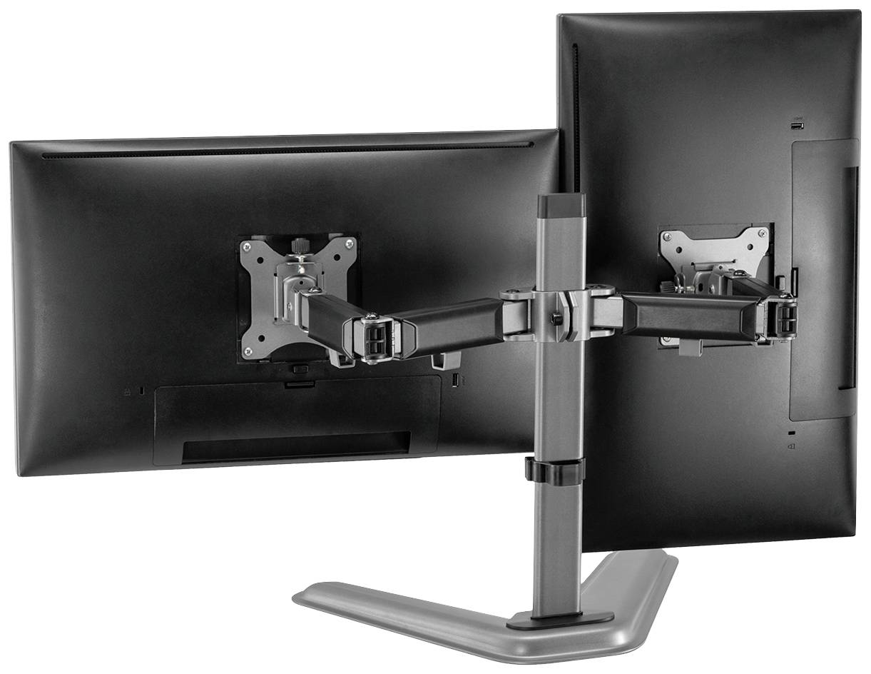 Zwei nebeneinander an einem Monitorarm befestigte Bildschirmrückseiten; der Arm ermöglicht flexible Positionierung.