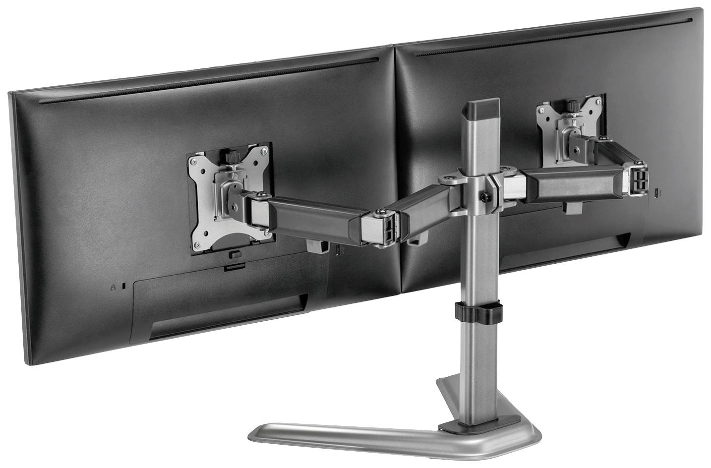 Zwei Computerbildschirme auf einem Monitorarm, der beide Bildschirme nebeneinander hält; ermöglicht flexible Einstellungen.