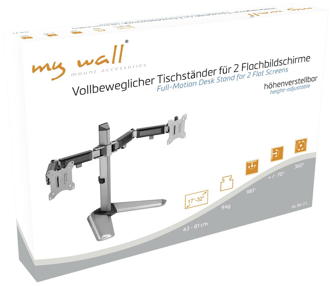 Vollbeweglicher Tischständer für zwei Flachbildschirme, höhenverstellbar. Geeignet für Bildschirmgrößen von 17'' bis 32''.