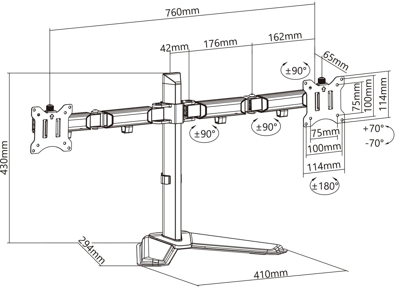 Diagramm eines dreifachen Monitorständers mit Maßen: Breite 760 mm, Höhe 430 mm. Neigungs-Joystick für Monitore: ±90°. Höhenanpassung: 114 mm.