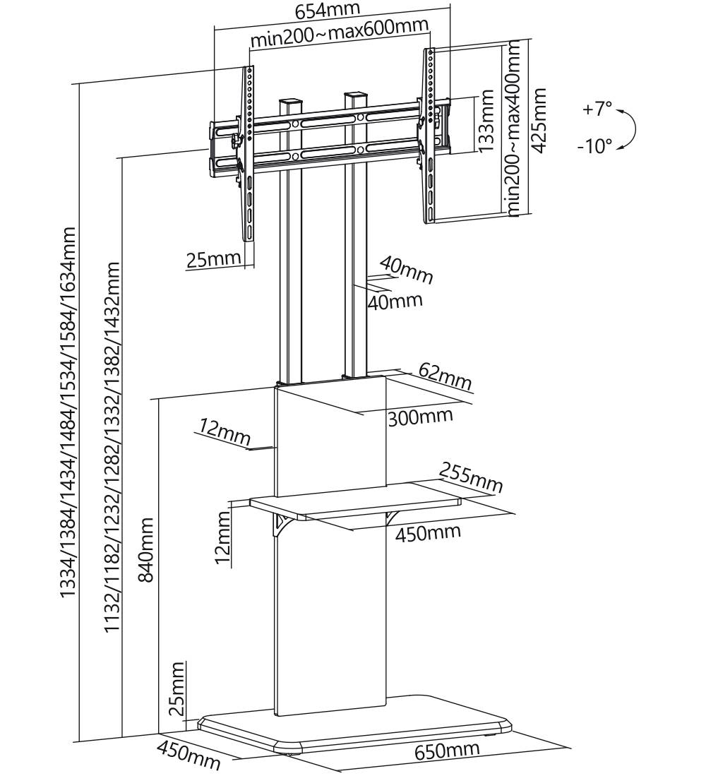 Technische Zeichnung eines höhenverstellbaren TV-Ständers. Maße für Höhe, Breite und Tiefe sind detailliert angegeben.
