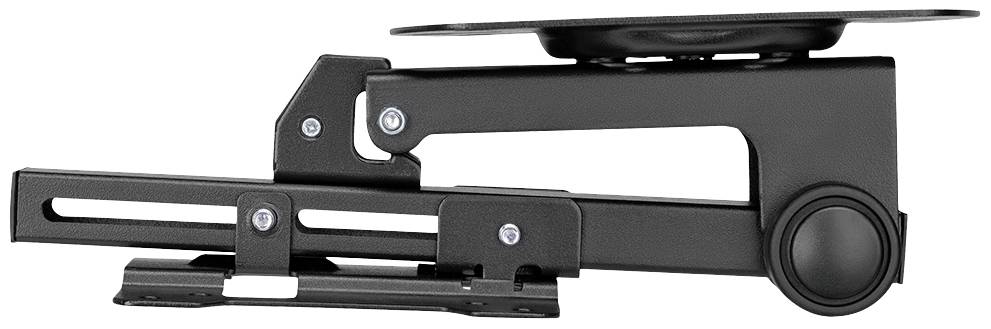Eine schwarze Monitorhalterung mit verstellbarem Arm. Sie ist seitlich ausgerichtet und zeigt Befestigungsschrauben und Gelenke.