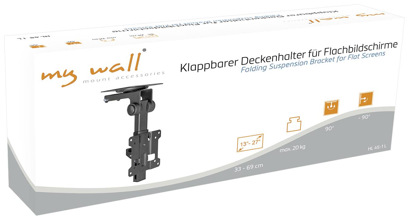 Verpackung eines klappbaren Deckenhalters für Flachbildschirme, zeigt Halterung und Skizze. Geeignet für 13-27