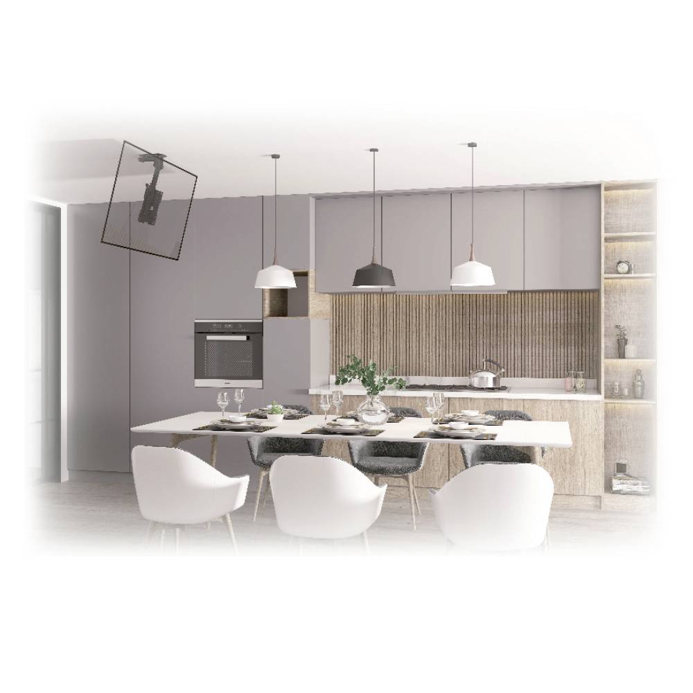 Moderne Küche mit Esstisch für sechs Personen. Hängelampen über dem Tisch, Holzregale, Herd und Backofen in minimalistischem Design.