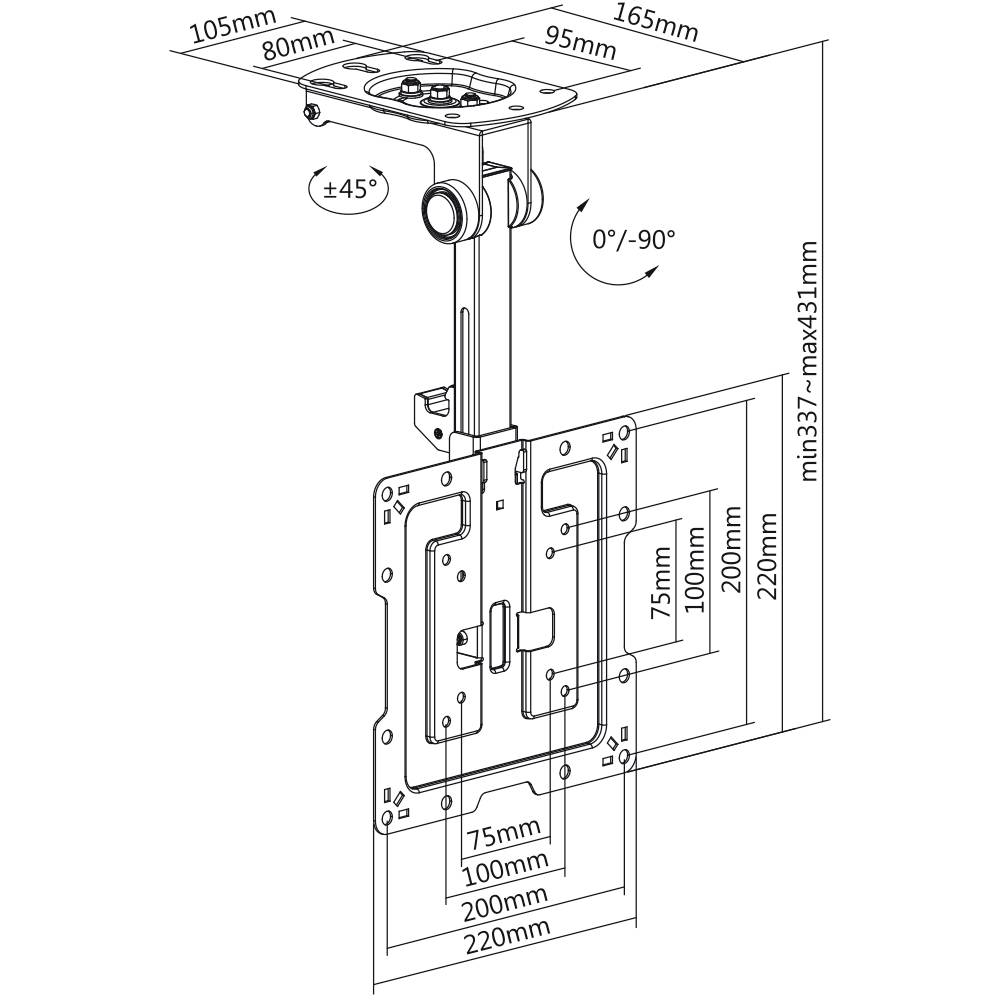 Montageanleitung für Deckenhalterung mit verstellbaren Winkeln von 0° bis 90° und variabler Höhe von 337 mm bis maximal 431 mm.