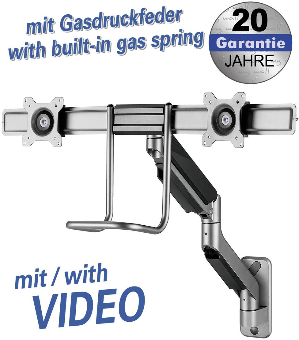 Monitorhalterung mit Gasdruckfeder, Wandmontage. Enthält Hinweis '20 Jahre Garantie'.