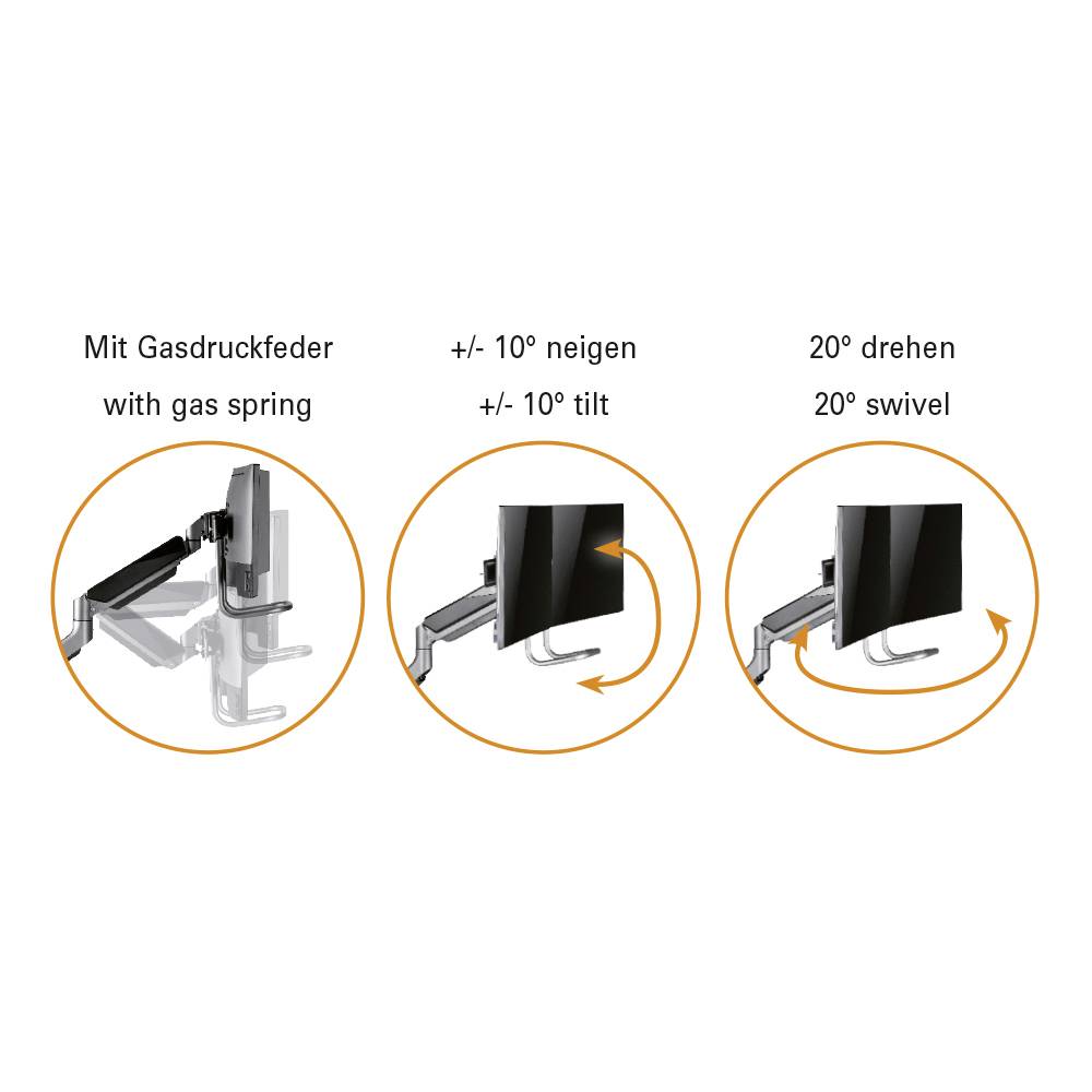 Drei Abbildungen zeigen einen Monitorarm mit Gasdruckfeder. Funktionen: +/- 10° Neigung, 20° Drehung.