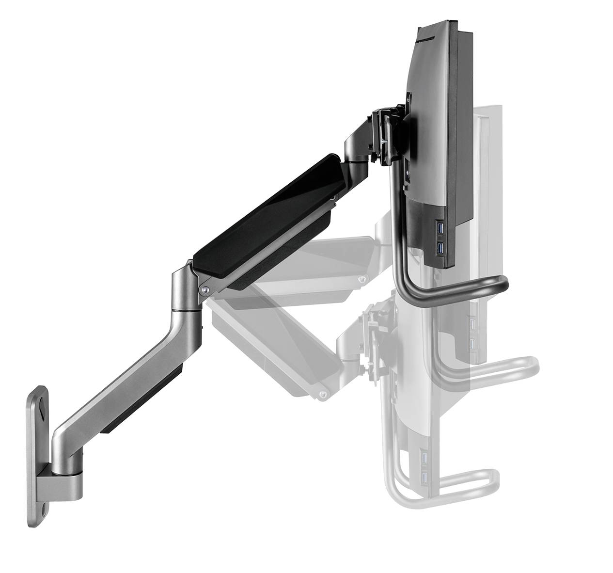 Monitorhalterung mit verstellbarem Arm zeigt verschiedene Neigungs- und Schwenkpositionen. Befestigung an einer Wand.