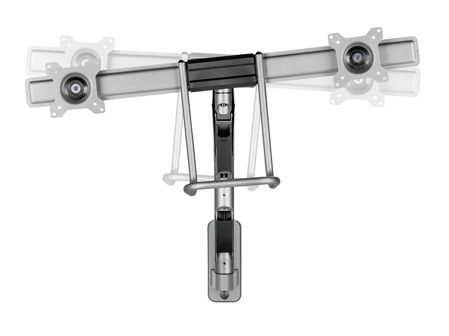 Verstellbare Monitorhalterung, die zwei Bildschirme hält, mit Neigungs- und Schwenkfunktion für flexible Bildschirmpositionierung.