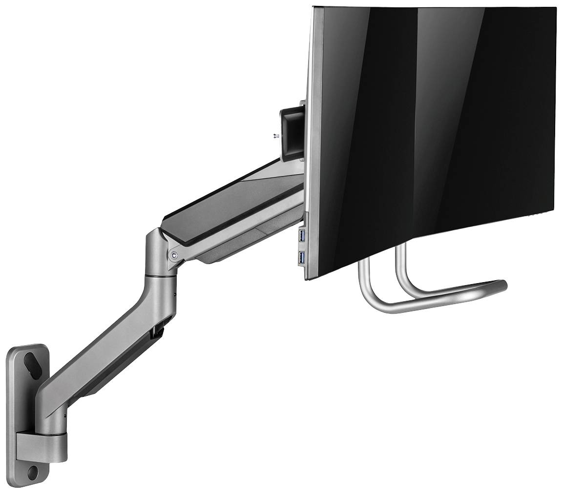 Ein Monitor an einem schwenkbaren Wandarm, der USB-Anschlüsse aufweist, zur flexiblen Positionierung und platzsparenden Montage.