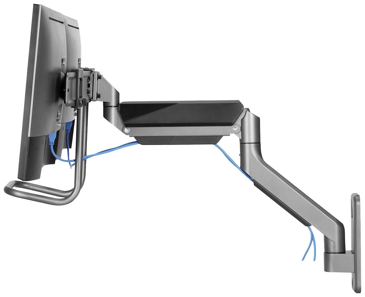 Seitliche Ansicht eines ergonomischen Schreibtisch-Monitorarms mit Kabelmanagement in silberner Ausführung, montiert an einer Wand.