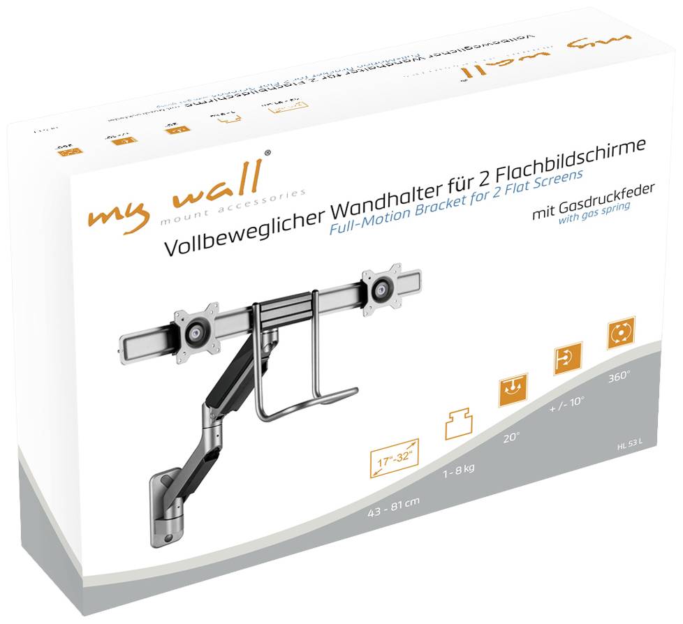 Vollbeweglicher Wandhalter für 2 Flachbildschirme von 43-81 cm, 1-8 kg mit Gasdruckfeder. Schwenkbar 20°, neigbar 10°, drehbar 360°.