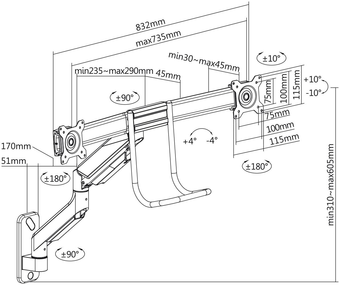 Technische Zeichnung einer Halterungsarmen-Konstruktion mit verstellbaren Maßen und Winkeln. Gesamtbreite: 832mm; Höhe: 310-605mm.