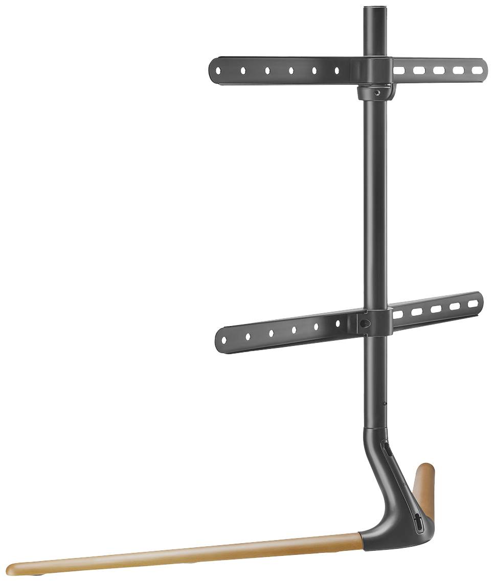 Verstellbare TV-Halterung mit Holzleiste, montiert an einer Metallkonstruktion, für flexiblen Einsatz in modernen Wohnräumen.