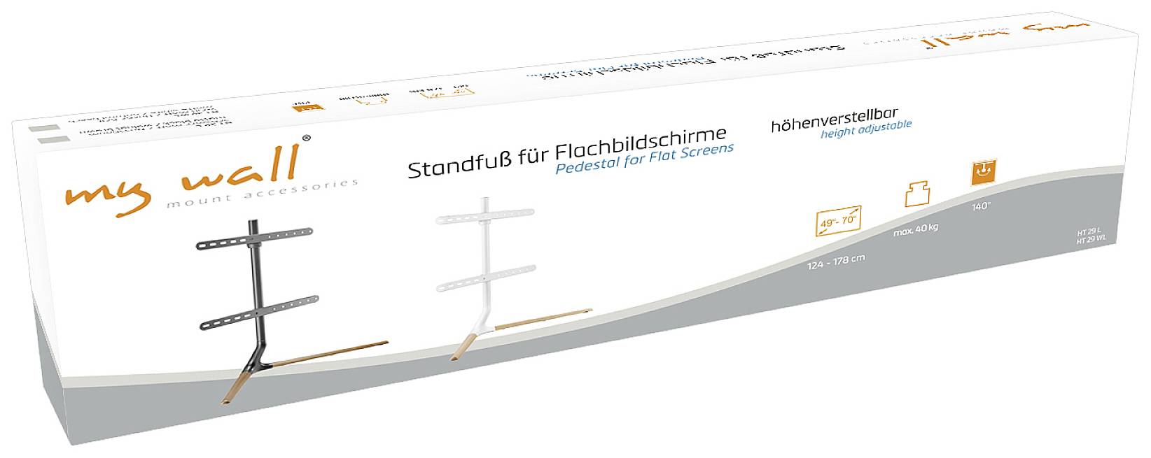 Eine Verpackung mit der Aufschrift 'Standfuß für Flachbildschirme, höhenverstellbar'. Zeigt ein Bild des Ständers und seine Spezifikationen.