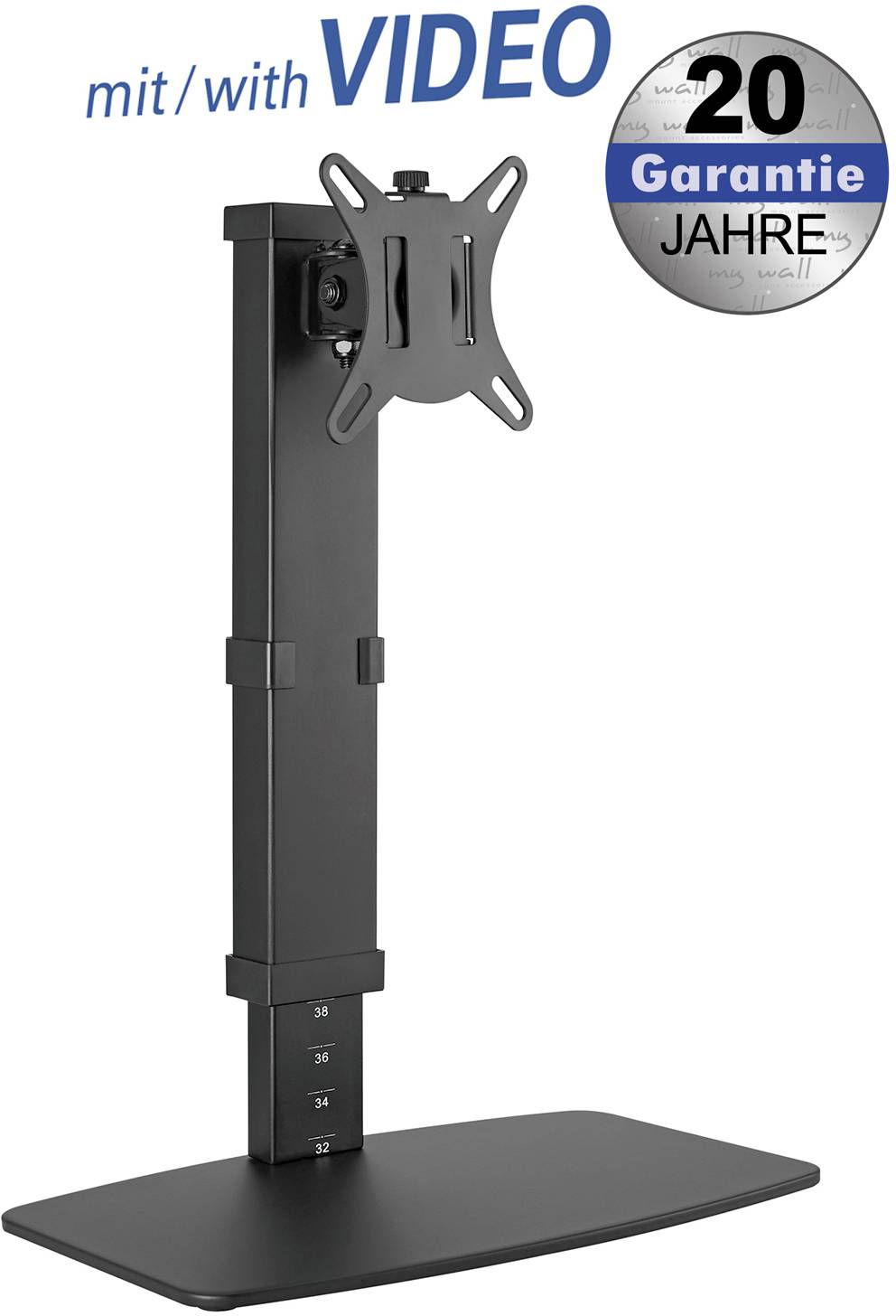 Schwarzer Monitorständer mit Videoaufnahmefunktion, deutsche '20 Jahre Garantie'-Plakette oben rechts.
