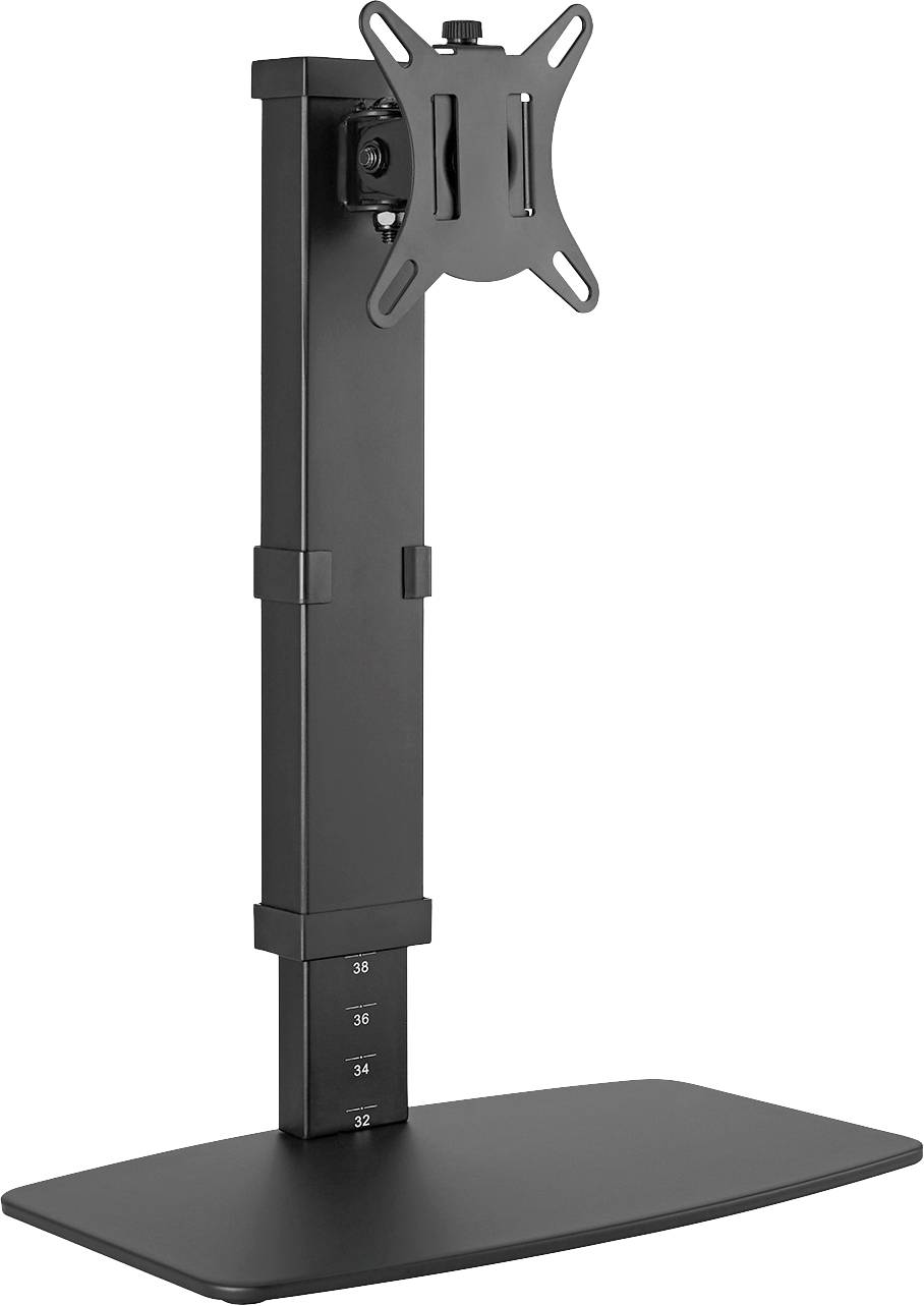Ein höhenverstellbarer Monitorständer aus schwarzem Metall, geeignet für die Befestigung eines Bildschirms. Enthält Höhenmarkierungen.