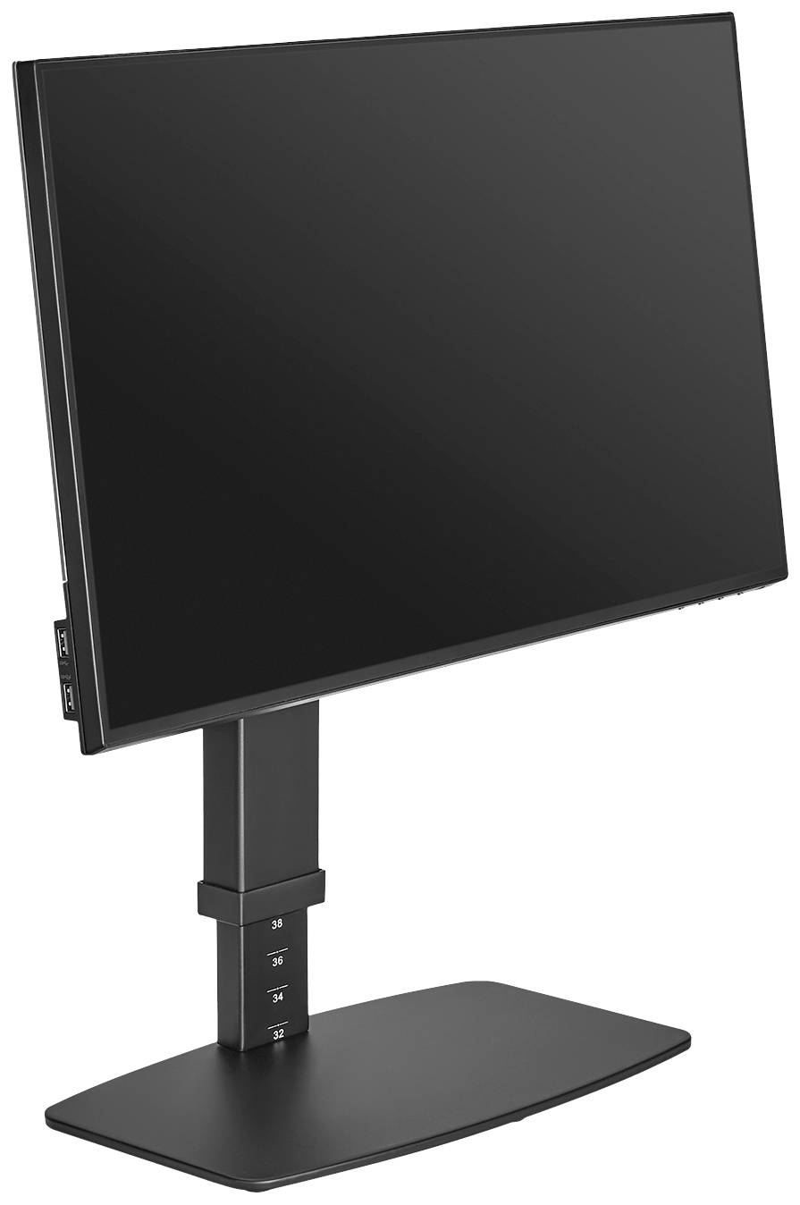 Schwarzer Flachbildschirm auf höhenverstellbarem Standfuß, seitliche USB-Anschlüsse sichtbar.